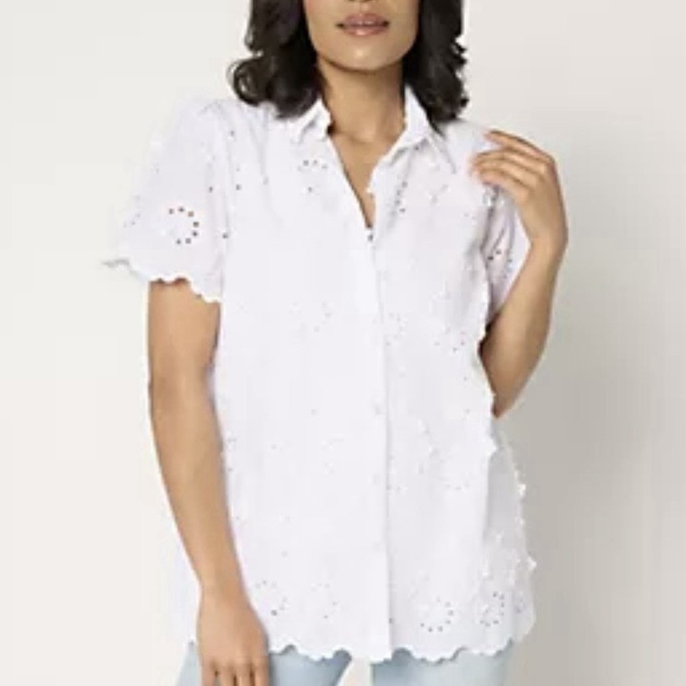 SUSAN GRAVER Pure Eyelet Applique 3D Button Front SHIRT Top 1X White Lace - Picture 14 of 14